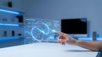 Hand touching holographic display with mathematical formulas and data visualization in modern laboratory or office environment for technology presentations.