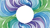 Colorful swirling watercolor pattern with flowing curves in blue, purple and green tones around white center circle for modern design projects.