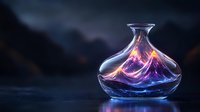 Luminous glass decanter with swirling purple and blue ethereal light effects against dark background, creating magical potion bottle atmosphere for fantasy designs.