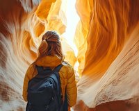 Young female explorer in yellow jacket with backpack admiring curved sandstone walls of slot canyon, warm sunlight illuminating natural rock formations.