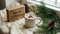 Cozy winter holiday flat lay with hot cocoa, marshmallows, pine cones, fir branches, fairy lights, and a wooden sign on knit.