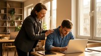 Middle-aged man with dark hair and facial hair, wearing black blazer, instructing younger man with brown hair in blue shirt at laptop in bright office with bookshelves and windows, mentoring and professional development concept.