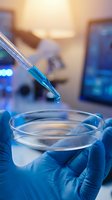 Close-up of scientist in blue latex gloves holding petri dish while pipette dispenses turquoise liquid in laboratory setting. Suitable for biotech, research, and medical education.
