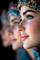 Close-up profile portrait showing glamorous makeup with long eyelashes, pink glossy lips, and jeweled crown against blurred background with bokeh lights.