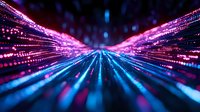 Abstract technology background with glowing pink and blue light trails creating dynamic motion effect radiating from center point against dark background.