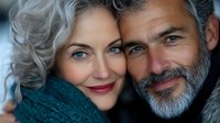 Romantic mature couple in winter clothing sharing intimate moment. Close up portrait of silver haired woman and bearded man showing genuine happiness and love.