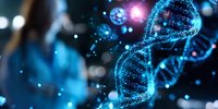 Glowing blue DNA helix structure with particles on dark background, scientific molecular concept for genetics research and biotechnology advancement.