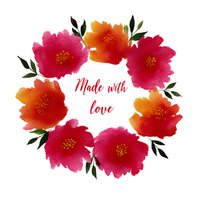 Watercolor floral wreath with pink and orange flowers, green leaves and Made with Love text in red script on white background, isolated design element.