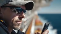 Caucasian man with beard wearing cap and sunglasses on cruise ship deck, holding smartphone while enjoying ocean view on sunny day.
