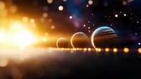 Glowing planets aligned in space with bright sunlight and bokeh effects creating magical cosmic atmosphere against starry background.