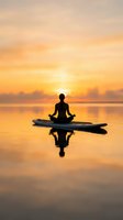 Woman practicing yoga meditation on paddleboard at golden sunset over calm water with reflection creating peaceful wellness scene for mindfulness and relaxation.