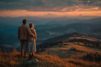 Couple embracing on mountain summit at golden hour sunset overlooking valley landscape. Romantic outdoor adventure and travel lifestyle moment together.