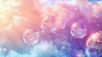 Magical soap bubbles floating in dreamy pink and blue sky with sparkling bokeh lights and ethereal clouds creating whimsical atmospheric background.