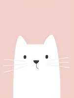 Minimalist white cat illustration with whiskers on soft pink background for nursery decor, greeting cards, and children's design projects.