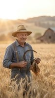 Senior farmer with sickle in golden wheat field at sunset. Traditional agriculture and harvest concept for rural lifestyle and farming heritage.