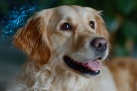 Golden retriever dog with magical glowing blue sparkles around head against blurred green background, smiling friendly expression and soft fur detail.