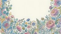 Ornamental floral border with hand-drawn roses, peonies, and botanical elements in soft pastels on cream background, suitable for invitations and stationery design.
