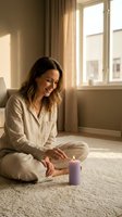 Young woman in beige pajamas sitting cross-legged on carpet lighting purple candle in sunny bedroom for morning meditation and mindfulness practice.