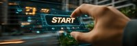 Male hand pressing START button on futuristic digital interface with glowing elements and technological data visualization in urban environment.