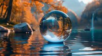 Crystal ball reflecting autumn forest and waterfall on tranquil lake surface, creating magical atmosphere for nature photography.