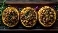 Stuffed spaghetti squash boats filled with seasoned ground meat, vegetables and herbs served on rustic wooden board with fresh rosemary garnish.