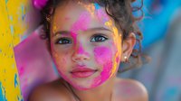 Young mixed race girl with curly hair smiling while her face is covered in vibrant pink and yellow holi powder colors against blurred festive background.