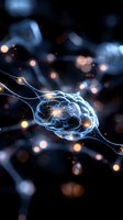 Glowing neural synapse with golden light particles transmitting electrical signals across dark background, representing neurotransmission, brain activity, and neural connections for medical and scientific use.