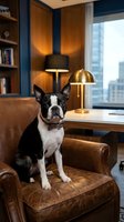 Boston Terrier dog sitting on leather armchair in modern home office with warm lighting and city view through window for pet lifestyle content.