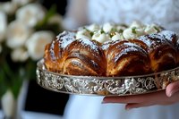 Freshly baked braided sweet bread with powdered sugar and pistachios served on ornate silver platter, soft natural lighting creates appetizing mood.