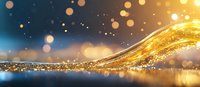 Magical golden wave with glowing particles and bokeh lights flowing over reflective surface against dark blue background, creating luxurious abstract design.