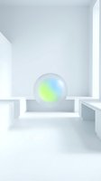 Luminous sphere with gradient yellow-blue glow positioned on white platform in minimalist architectural space with clean geometric walls and natural light, suitable for tech, innovation, and modern design concepts.