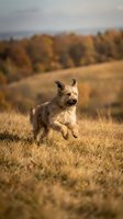 Small fluffy dog running through golden autumn field with colorful fall foliage in background during warm evening light for pet and seasonal content.