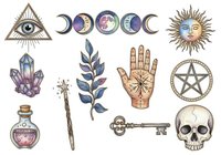 Mystical occult symbols including moon phases, sun, crystal, botanical elements, palmistry hand, pentagram, ornate key, potion bottle and skull isolated on white background for esoteric design projects.