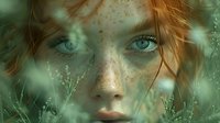 Young woman with red hair and freckles gazes intensely through green foliage, her blue eyes striking against natural bokeh effect and ethereal atmosphere. For fantasy or beauty concepts.