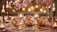 Mystical fortune telling setup with crystal balls, tarot cards, candles and cherry blossoms creating magical atmosphere for spiritual guidance sessions.