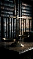 Vintage brass scales of justice on wooden desk with law books in background for legal and attorney office concepts.