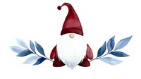 Watercolor Nordic gnome with white beard wearing red hat and coat, decorated with blue leaves on sides, isolated on white background for holiday designs.