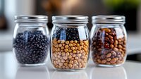 Assorted legumes and pulses stored in glass jars with metal lids, including black lentils, chickpeas, and beans for cooking and meal preparation.