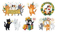 Cartoon cats celebrating new year with party hats, confetti, gifts, and 2022 numbers. Isolated clipart set for greeting cards, invitations, and festive designs.