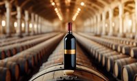 Red wine bottle on oak barrel in traditional winery cellar with rows of wooden casks and warm lighting creating atmospheric perspective.