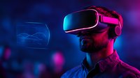 Bearded man wearing virtual reality headset in neon lighting with holographic interface display, capturing modern gaming and technology experience in vibrant blue and pink colors.