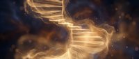 Glowing golden DNA helix with swirling particles and light effects against dark background, suitable for science, genetics, biotechnology, and medical research presentations.