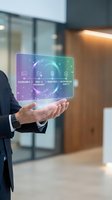Businessman holding holographic display showing digital security features including usernames, emails, passwords, biometrics and identity verification icons in modern office environment.