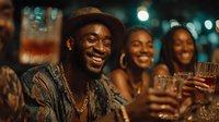 Happy African American man in hat enjoying drinks with friends at night bar celebration with bokeh lights background.
