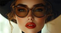 Young Caucasian woman wearing cat eye glasses and black hat with bright red lipstick in glamorous beauty portrait against light background.