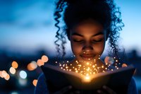 Young African American woman reading magical glowing book at dusk, with bokeh lights and sparkles creating ethereal atmosphere against blue twilight background.