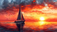 Sailboat silhouette gliding on calm ocean waters against dramatic orange and red sunset sky with flying birds, reflecting golden sunlight on rippling waves.