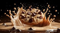 Chocolate chip cookie with milk splash creating dynamic crown effect against dark background, dramatic food photography with liquid motion and droplets.