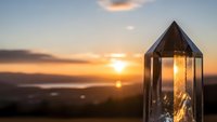 Crystal prism refracting golden sunset light creating rainbow spectrum against blurred landscape background for meditation and spiritual wellness concepts.