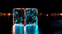 Glowing neon blue ice cubes with cracked texture on dark background with bokeh lights creating magical atmosphere and reflective surface.